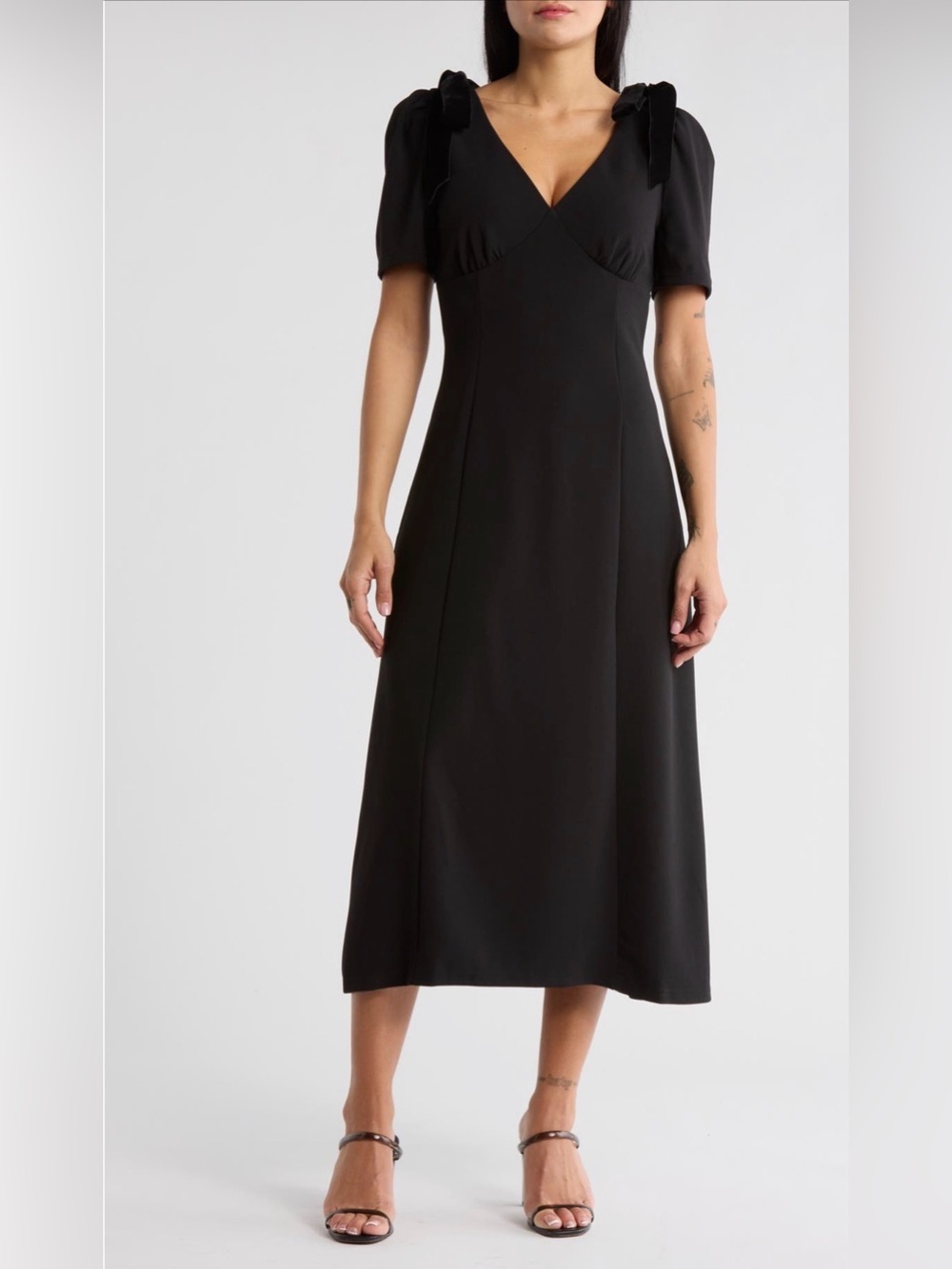 NWT ASTR The Label Black Puff Sleeve Midi Dress with Velvet Bows Size S